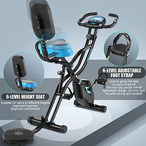 ANCHEER Hometrainer, inklapbaar, oefenfiets, app, 10 weerstandsniveaus, magnetisch, fitnessfiets met houder voor tablet/telefoon en brede en comfortabele pasvorm, zwart (met rugleuning) - Afbeelding 6