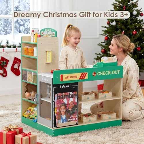 Wooden Grocery Store Playset for Kids, Pretend Play Market with Checkout Counter, Manual Conveyor Belt, Pretend Scanner, and Multiple Display Shelves, Interactive Toy Grocery for Boys & Girls Ages 3+