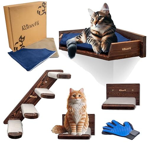 Set 5 Mensole Per Gatti In Pino Naturale - Arrampicata Da Parete Con Piattaforme E Gradini In Sisal - Foto 11