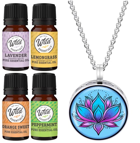 Wild Essentials Blue Lotus Necklace Essential Oil Diffuser Kit With Lavender, Lemongrass, Peppermint, Orange Oils, 8 Refill Pads, Calming Aromatherapy Gift Set, Customizable, Perfume #TOP29