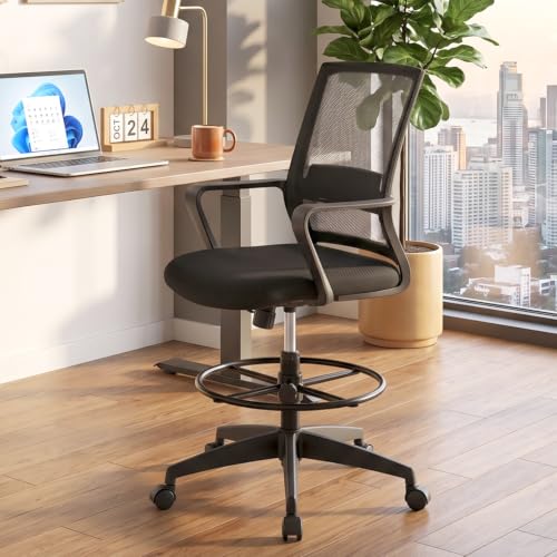 Image of BestOffice Drafting Chair Tall Office Chair Adjustable Swivel Rolling Mesh Height with Lumbar Support Arms Footrest Mid Back for Adults Standing Desk Drafting Stool(Dark Black)