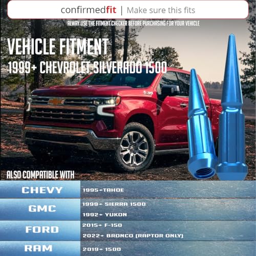 Image of Wheel Accessories Parts 24 Pcs + 1 Key M14x1.50 14x1.50 Thread Spike Spline 4.40 inch Long Lug Nuts Blue Truck Spline Hex Fits Chevy Silverado GMC Sierra Ford F-150 RAM 1500