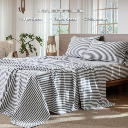 Image of MooMee Striped Sheet Set 100% Washed Cotton Linen Like King | Relaxed Linen-like Texture. Soft, Breathable & Lightweight Comfort. 15-19 inch Extra Deep Pocket with All-around Elastic