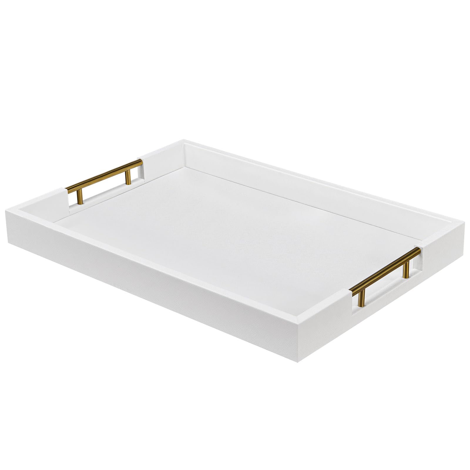 Bandeja de servicio de piel sintética blanca de 14 x 20 pulgadas con asas de metal dorado para varias ocasiones, otomana, decoraci