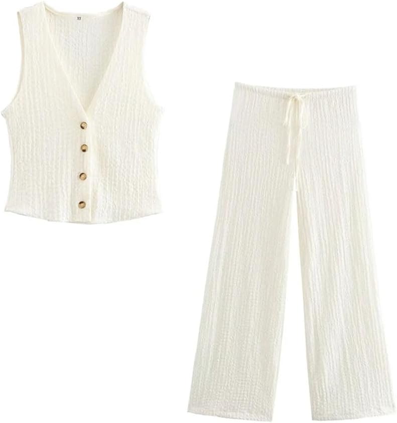 Women 2 Piece Suit Solid Single Breasted Tank Tops & Vintage High Elastic Waist Pants