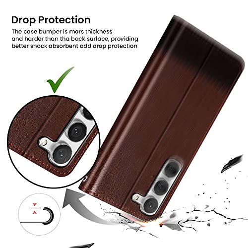 Image of FLIPPED Vegan Leather Flip Case Back Cover for Samsung Galaxy S23 5G (Flexible, Shock Proof | Hand Stitched Leather Finish | Card Pockets Wallet & Stand | Brown with Coffee)