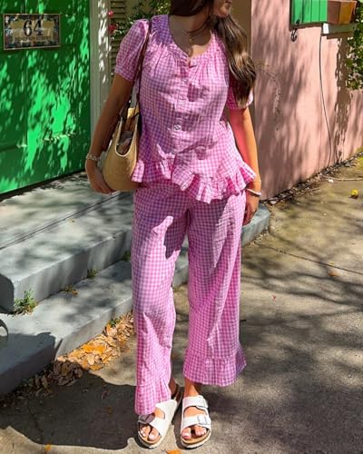 Image of codcm Womens Gingham Pajama Set 2 Piece Short Sleeve Babydoll Shirt and Pants Lounge Set Cute Sleepwear