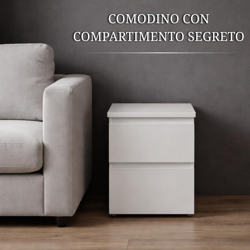 Cassettiera bianca con compartimento segreto e serratura RFID, comodino camuffato con cassetto nascosto doppio fondo invisibile, mobile occultato tipo cassaforte segreta per soldi gioielli
