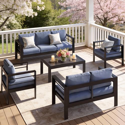 Image of Outdoor Conversation Sets, Aluminum Patio Couch with Outdoor Coffee Table, All-Weather Metal Patio Couch with 5 inch Thick and Soft Cushion and Wide Arm, Outdoor Sofa Sets for Balcony, Porch, Dark Blue