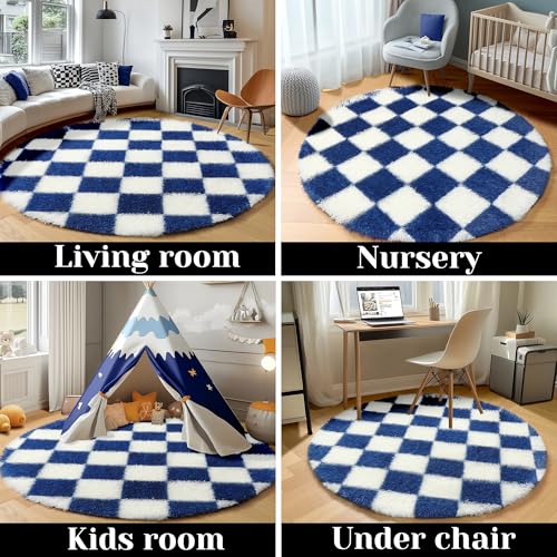 Image of KICMOR Round Rug 4ft for Bedroom, Soft Fluffy Circle Area Rug Cute Small Living Room Carpet, Blue and Cream White Fuzzy Shag Shaggy Checkered Circular Rug for Kids Room Nursery Home Decor Aesthetic