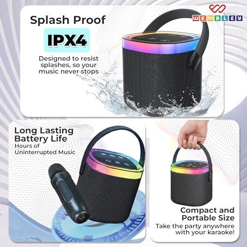 Image of Wembley Karaoke Speaker with Wireless Mic | 5 Voice Modes Mic with Portable Bluetooth Speaker | Splashproof Long Playtime 360 Surround Sound with RGB Lights | Ideal Gift Karaoke System for Home