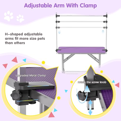 Image of Lyromix 36'' Stainless Steel Pet Dog Grooming Table, Arm /Noose /Tray, Purple