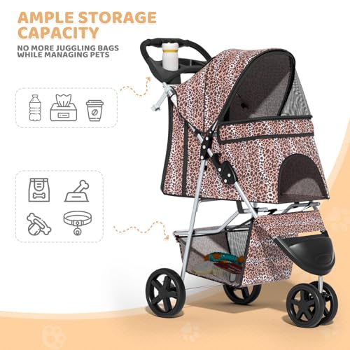 Image of Magshion 3-Wheel Pet Stroller, Foldable Travel Jogger for Small & Medium Dogs & Cats (Up to 33lbs), Lightweight Carrier with Breathable Mesh Cover, Cup Holder & Storage Basket, Leopard Print