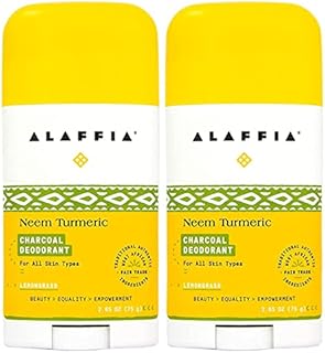Alaffia Neem Turmeric Activated Charcoal Deodorant, Odor Protection and Support from Shea Butter and Aloe Vera, Fair Trade, No Aluminum, No Parabens, Lemongrass Tea Tree, 2.65 Oz (2 Pack)