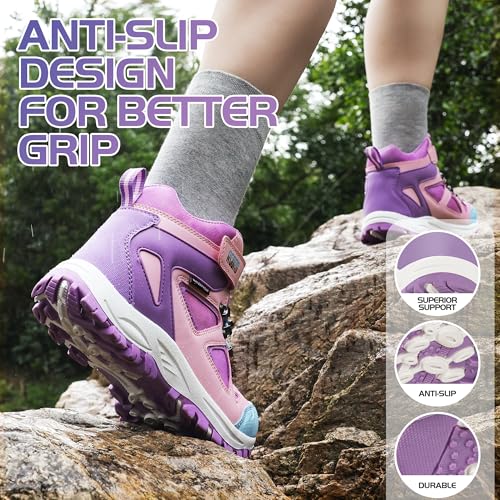 R CORD Kids Hiking Boots Drawstring Closure Girls Hiking Boots Waterproof Durable TPR Traction Outsole Anti-Skid Athletic Outdoor Boots3