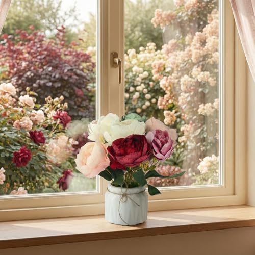 Image of Dekorly Artificial Lavender Plant in White Pot, 18cm - Realistic Faux Flower Arrangement for Home & Office Decor (Set of 1) (1, Peony)