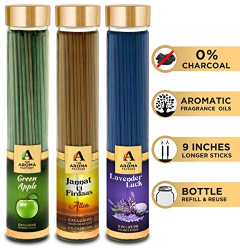 Image of The Aroma Factory Green Apple,Attar Jannat & Lavender Agarbatti for Pooja,Luxury Incense Sticks,100% Herbal Fragrance, 0% Sulphates (Bottle Pack of 3x100g)