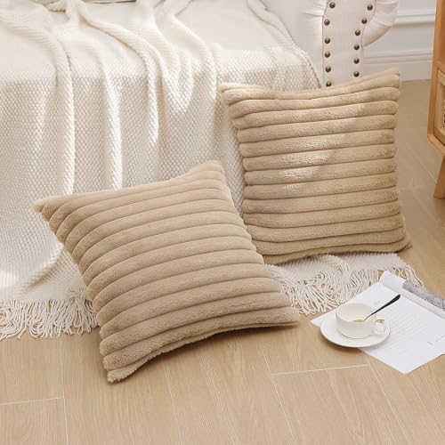 Pallene Faux Fur Plush Throw Pillow Covers 26x26 Set of 2, Luxury Soft Fluffy Striped Decorative Pillow Covers for Sofa, Couch, Living Room, Khaki