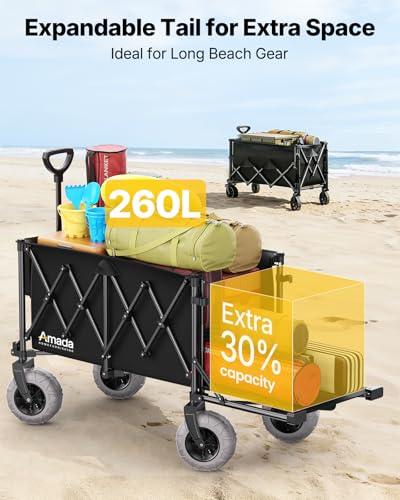 Image of Beach Wagon with Big Wheels for Sand, 260L Capacity, Heavy Duty All-Terrain Folding Wagon with Expandable Rear, Durable Carbon Steel Frame & Big 8.3 inch Wheels for Beach, Outdoor & Camping Activities