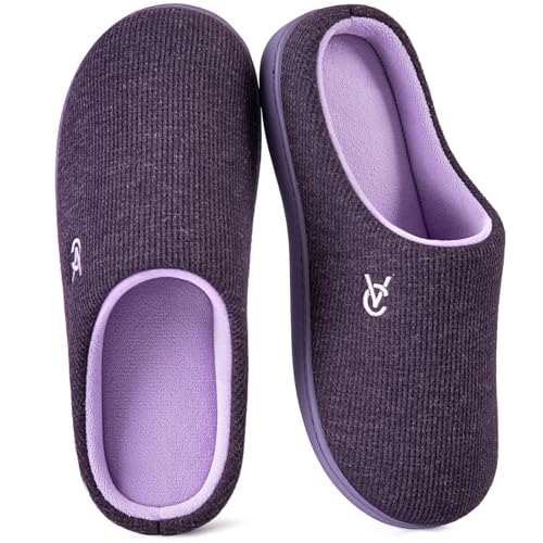 VeraCosy Women's Two-Tone Slippers Soft Comfy Knit Memory Foam Non-slip Indoor Outdoor House Shoes Evening Lilac, 7-8 US