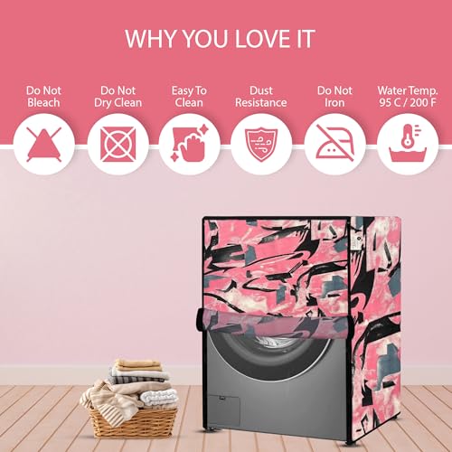 Image of MAXIMUS Waterproof & Dustproof Top Front Load Washing Machine Cover for 6 kg 6.5 kg 7kg & 7.5 kg Compatible for IFB LG Samsung Whirlpool Bosch Haier | Siemensfor with Pipe Holes (JUNGLE PINK BLACK)