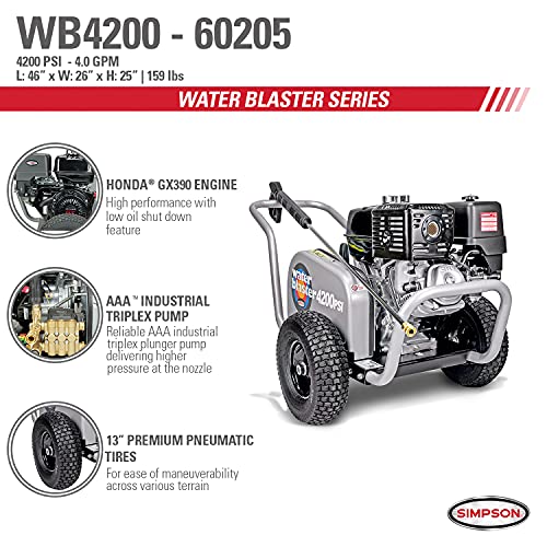 Simpson Cleaning 60205 Water Blaster Gas Pressure Washer Powered By Honda Gx390, 4200 Psi At 4.0 Gpm, Aaa Triplex Pump, (49 State), 3.5, Black #TOP7