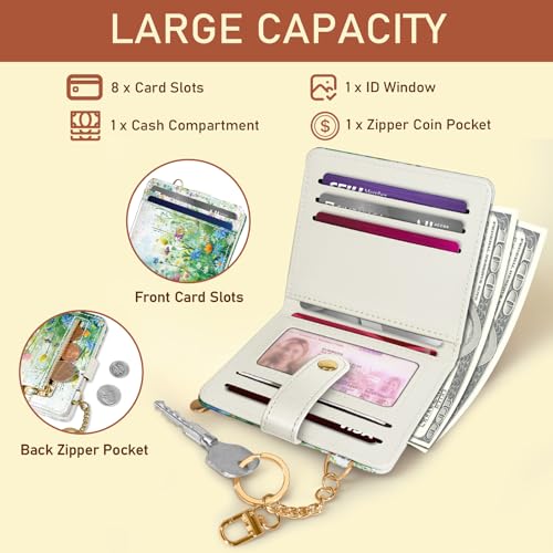 Image of Jogjam Floral Green Rfid Ladies Wallet, Small Slim Thin Compact Credit Card Women Wallet, Spring Flowers PU Leather Bifold Cash Zipper Coin Pocket ID Window for Female