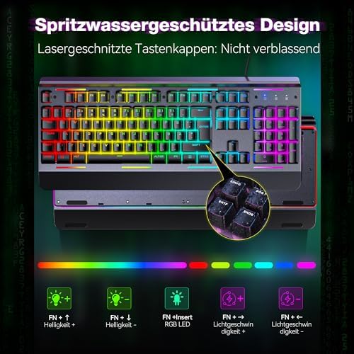 Bild 5 - TECKNET RGB Gaming Tastatur für PC, Membran Tastatur mit 105 Tasten, Vollmetall-Pane, Handgelenkauflage,15-Zonen RGB Beleuchtung, 25 Anti-Ghosting-Tasten, Computer Keyboard, Deutsches Layout(QWERTZ)