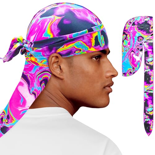 Silk Durag for Men Women, Printed Do Rag with Long Tail Durag Hip Hop Satin Bandana Hat 360 Waves Do Doo Du Rag Headwrap