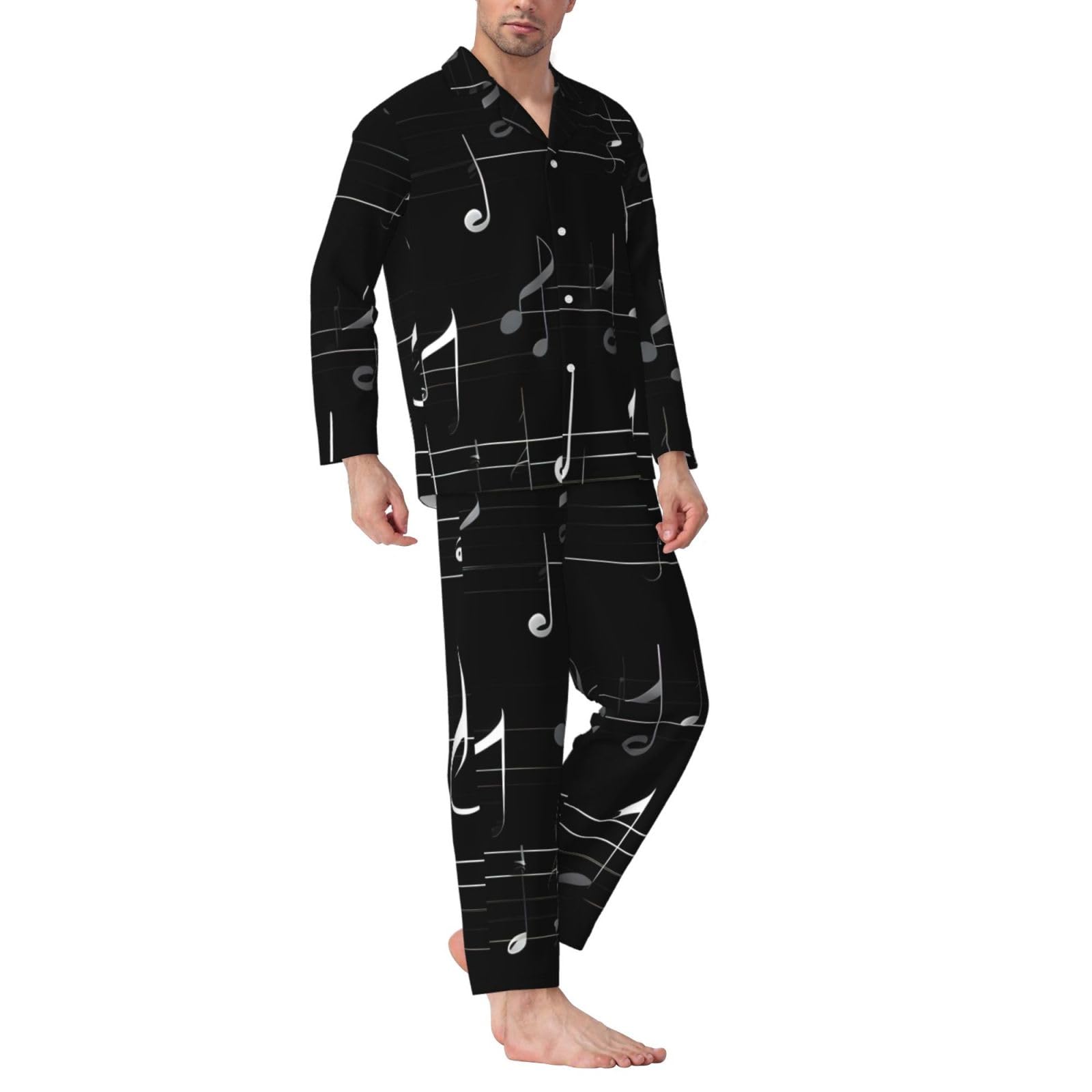 Herren-Pyjama-Set, langärmelig, mit Musiknoten-Aufdruck, zweiteilig, bequem, Nachtwäsche, Schwarz