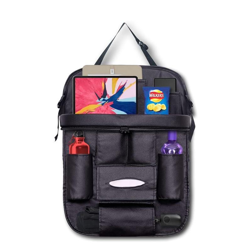 Pu Leather Auto Car Automobiles Back Seat Organizer With Foldable, Multipocket Storage Tablet, Bottle And Tissue Paper Holder_Black,-image-24