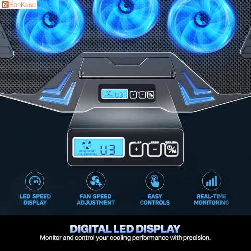 Image of Bonkaso Laptop Cooling Pad for Up to 15.6 Inch Laptops, 6 Blue LED Fans, 1900 RPM, Digital Display, 2 /4 /6 Fan Modes, 5-Level Adjustable Stand, Dual USB Extension, Iron Mesh, 21 dBA