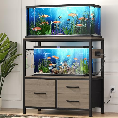 Heybly 20-29 Gallon Fish Tank Stand, Aquarium Stand with Drawer, Power Outlet, Heavy Duty Metal Frame, for Fish Tank, Turtle & Reptile Terrarium, 31.5' x 15.7' Top, 330lbs, Greige HAS001SG