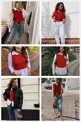 Lailezou Women's V-Neck Knit Sweater Vest Solid Color Argyle Plaid Preppy Style Sleeveless Crop Knit Vest #TOP1