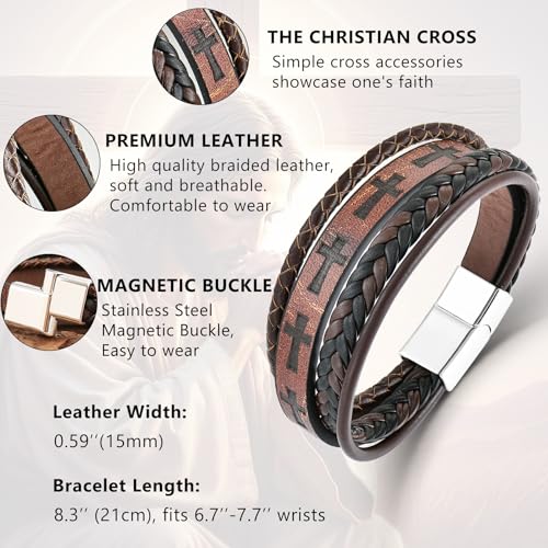 Pulsera de cuero trenzada para hombre con cruz miniatura 2