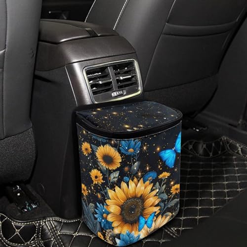 Image of Sunflower Auto Car Trash Can Hanging Car Garbage Bag with Lid Washable Leak Proof Car Trash Bin Hanging for Front Back Seat,Blue Butterfly Sunflower Vehicle Rubbish Bin