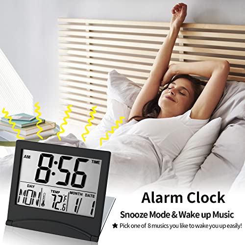 Kanbit Small Digital Travel Alarm Clock Battery Operated, Portable Large Number Display Alarm Clock With Date & Temperature,12/24 H Small Desk Clock-Black(No Light) #TOP4