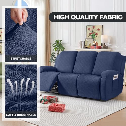 Image of Timeles Recliner Covers for 3 Seater Reclining Couch Covers Sofa Slipcover Furniture Protector for Dogs and Pets Stretch Soft Washable (Three-Seater, Navy Blue)