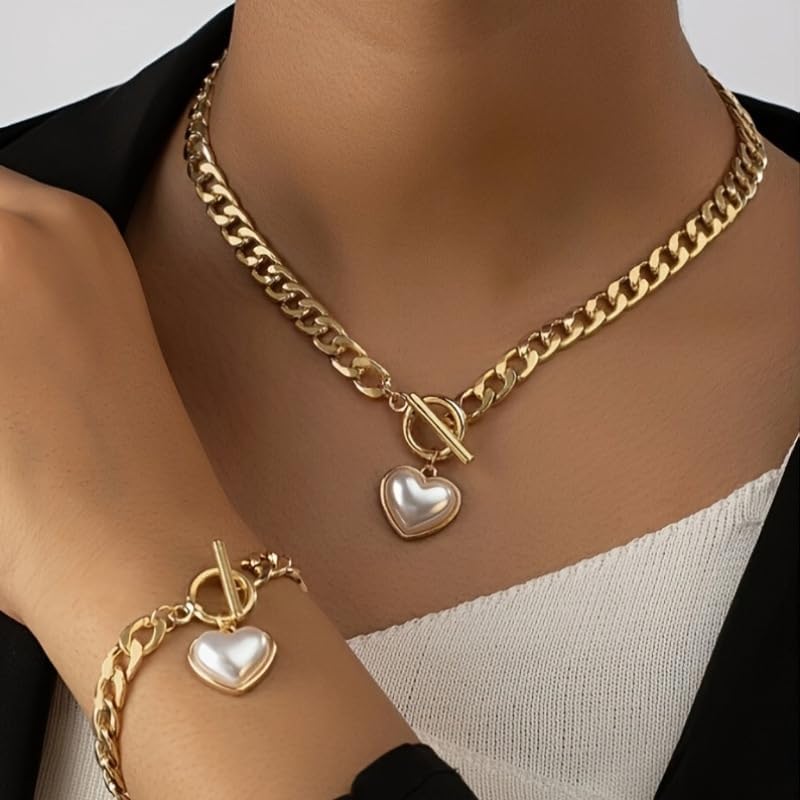 Pearl Heart Necklace and Bracelet Set for WomenHeart Locket Choker with Cuban Link Chain, Chunky Statement Jewelry for Women Trendy Party Jewelry Set - Image 3