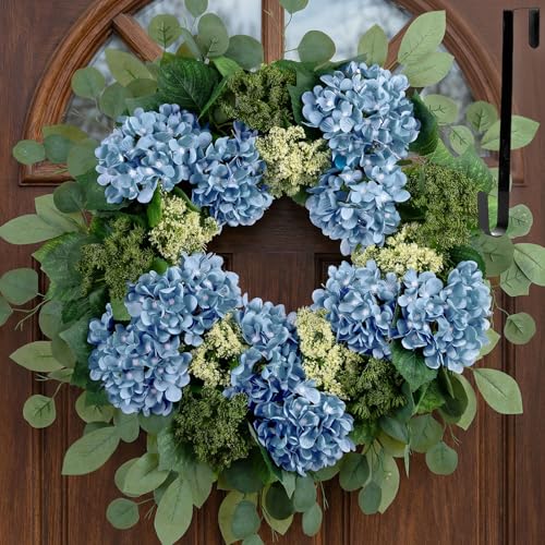 BLOSMON Hydrangea Wreaths for Front Door 26 Inch Dusty Blue with Hanger