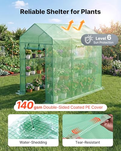 Image of VEVOR Walk-in Greenhouse, 54 inch x 81.1 inch x 77.2 inch Greenhouse for Outdoors with Windows, PE Cover, 2 Tiers 14 Shelves, Roll-Up Zipper Door, Walk in Green House, Portable Plant Garden Hot House for Backyard