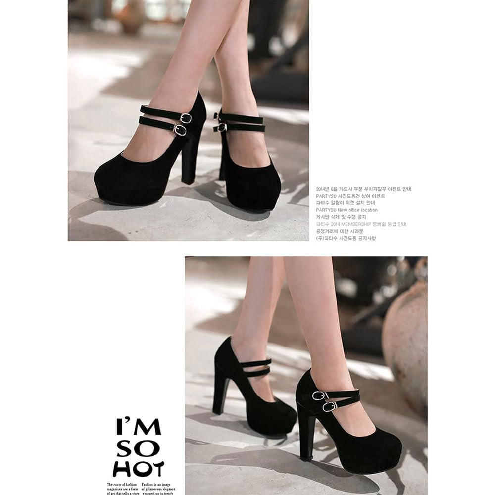 Zapatos de tacón alto con correa de tobillo doble de gamuza clásica, zapatos de fiesta de vestir con punta redonda y bloque grueso para mujer muslo/D/38EU