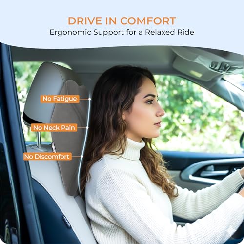 Image of CareFoam Memory Foam Car Neck Pillow for Driving Comfort - Ergonomic Headrest Cushion for Neck & Spine Support - Adjustable Strap, Breathable Washable Cover, Ideal for Long Drives | Grey Velvet