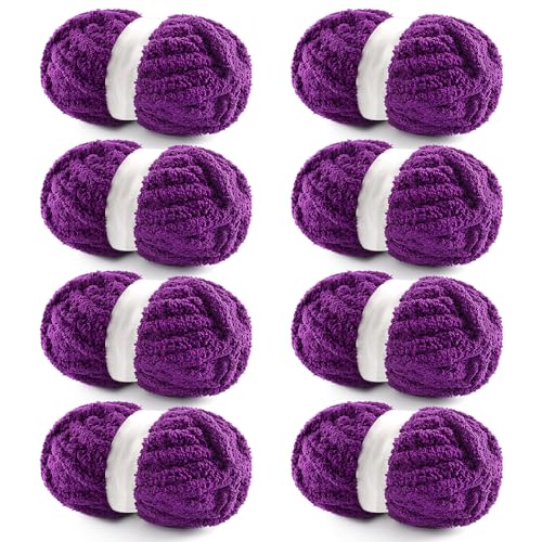 8 Pack Chunky Yarn for Hand Knitting - Chunky Chenille Blanket Yarn for Crocheting - Jumbo Fluffy Yarn for Crochet - Super Bulky Yarn 25 yds 7.7 oz Each Skein (Violet)