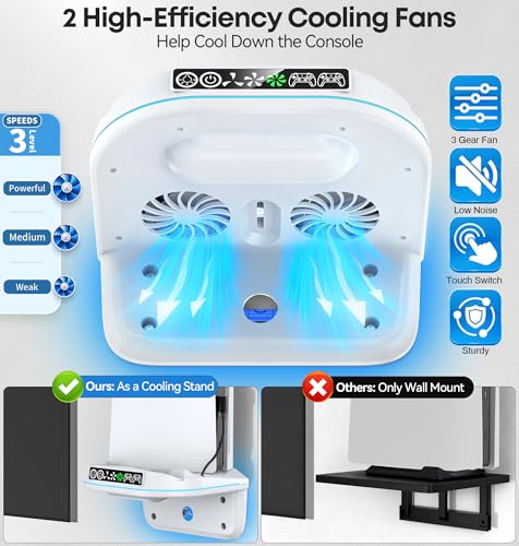 Image of PS 5 Wall Mount Kit with Cooling Fan and Charging Station Compatible with P5 / Slim / Pro Disc and Digital, PS Five Floating Base Holder Shelf with 9 RGB Lights & 3-Level Fan, P5 Accessories for Gaming