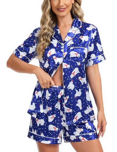 Image of SWOMOG Womens Silk Satin Pajamas Set Short Sleeve Sleepwear Button Down Top and Shorts Loungewear 2 Piece Pjs Set XS-3XL