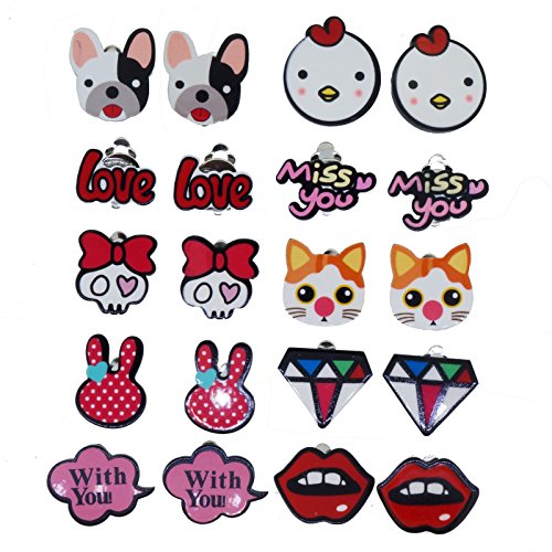 Cute Cartoon Art Clip-on Earrings Gift Set, Pack of 10 Pairs, for Kids Teen Girls Womens