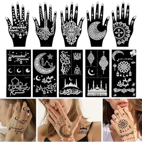 10 Sheets Ramadan Tattoo Stencils, Eid Temporary Henna Tattoo Templates Moon Castle Reusable Tattoo Stickers for Women and Girls Body Art Paint DIY Cover