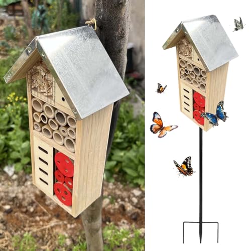 Natural Wooden Insect Hotel, Bee House with Metal Stake for Garden, Garden Insect House for Ladybugs, lacewings, Butterfly, Bee, Bug