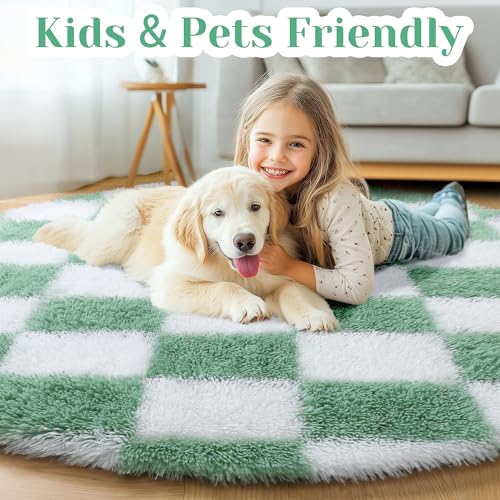Image of KICMOR Round Rug 4ft for Bedroom, Fluffy Soft Circle Area Rug Cute Small Living Room Carpet, Sage Green and White Fuzzy Shag Shaggy Checkered Circular Rugs for Kids Room Nursery Home Decor Aesthetic